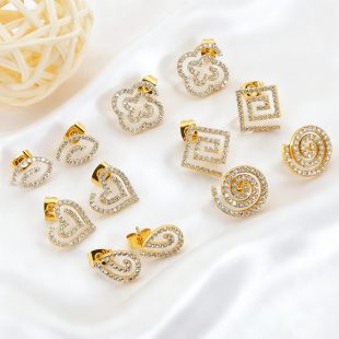 Titanium steel earrings with hollowed out micro inlaid white diamonds, medical grade titanium steel zircon earrings