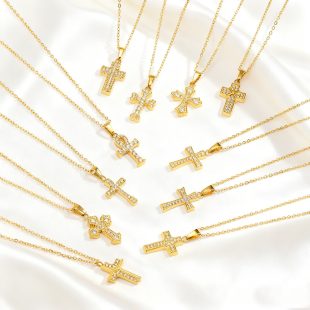Stainless Steel Luxury Micro-Zircon Cross Pendant Necklace with Amethyst Chain and Titanium Steel Choker Necklace