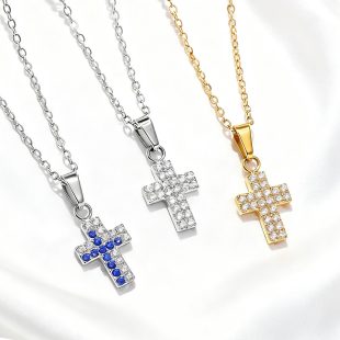 Titanium steel inlaid stone cross necklace, couple ins, European and American personality pendant, sweater chain