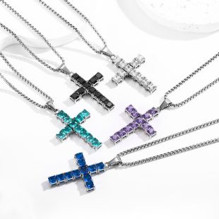 High-Quality Titanium Steel Cross Necklace with Square Zircon Cross, Fully Diamond-Set Accessories Necklace