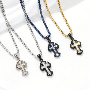 Titanium steel inlaid stone cross hip-hop pendant necklace, personalized and trendy versatile accessory