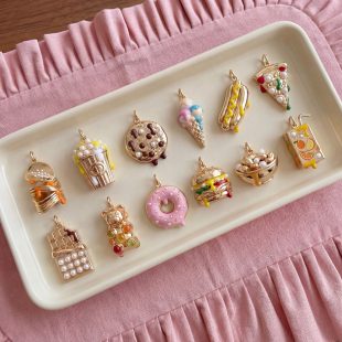 Dessert Series Potato Chips Ice Cream Cake Hot Dog Pizza Burger Copper Pendant 14K Gold