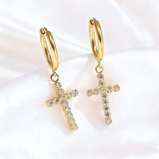 18K Gold Lightweight Luxury Micro-Set Zircon Earrings for Women, Stainless Steel Cross Studs