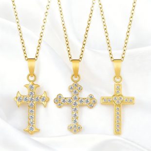 18K gold zircon inlaid stainless steel cross necklace