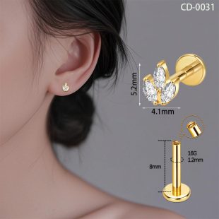 F136 titanium ear studs, titanium alloy, men's and women's high-end lip studs, 5A zircon G23 titanium alloy