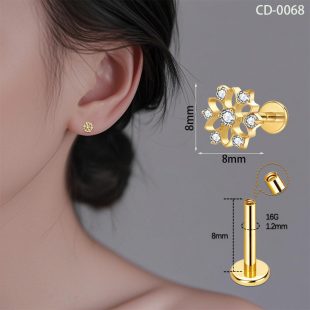 G23 titanium alloy anti allergic ear studs lip studs with zircon inlay